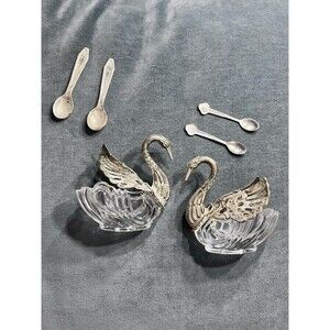 Pair of 3" Large Vtg Germany Silver & Crystal Swan Master Salt Cellars w/Spoons